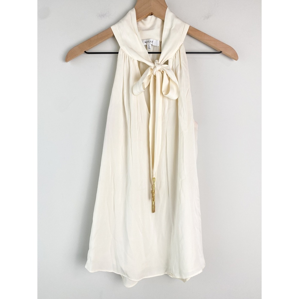 Milly Womens Silk Tie Neck Blouse 2 Ivory Quiet Luxury‎ Old Money Sleeveless